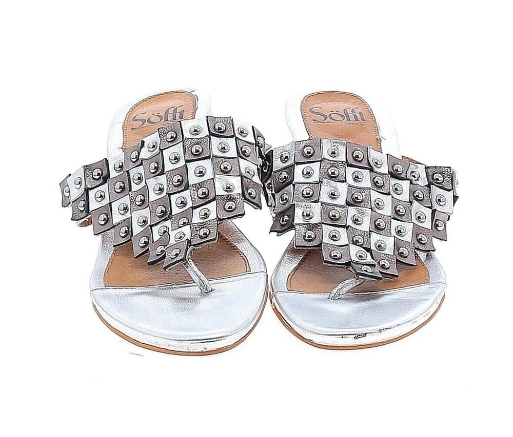 Söfft Silver Leather Studded Thong Flip Flop Slip On Sandals Cushioned Size 8 M